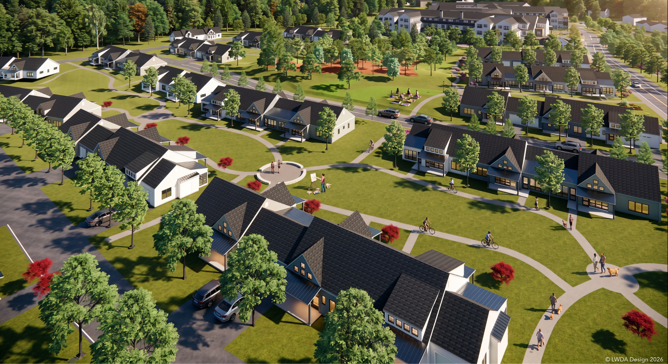 Rendering of the DCN redevelopment project as seen from above the independent living cottages.